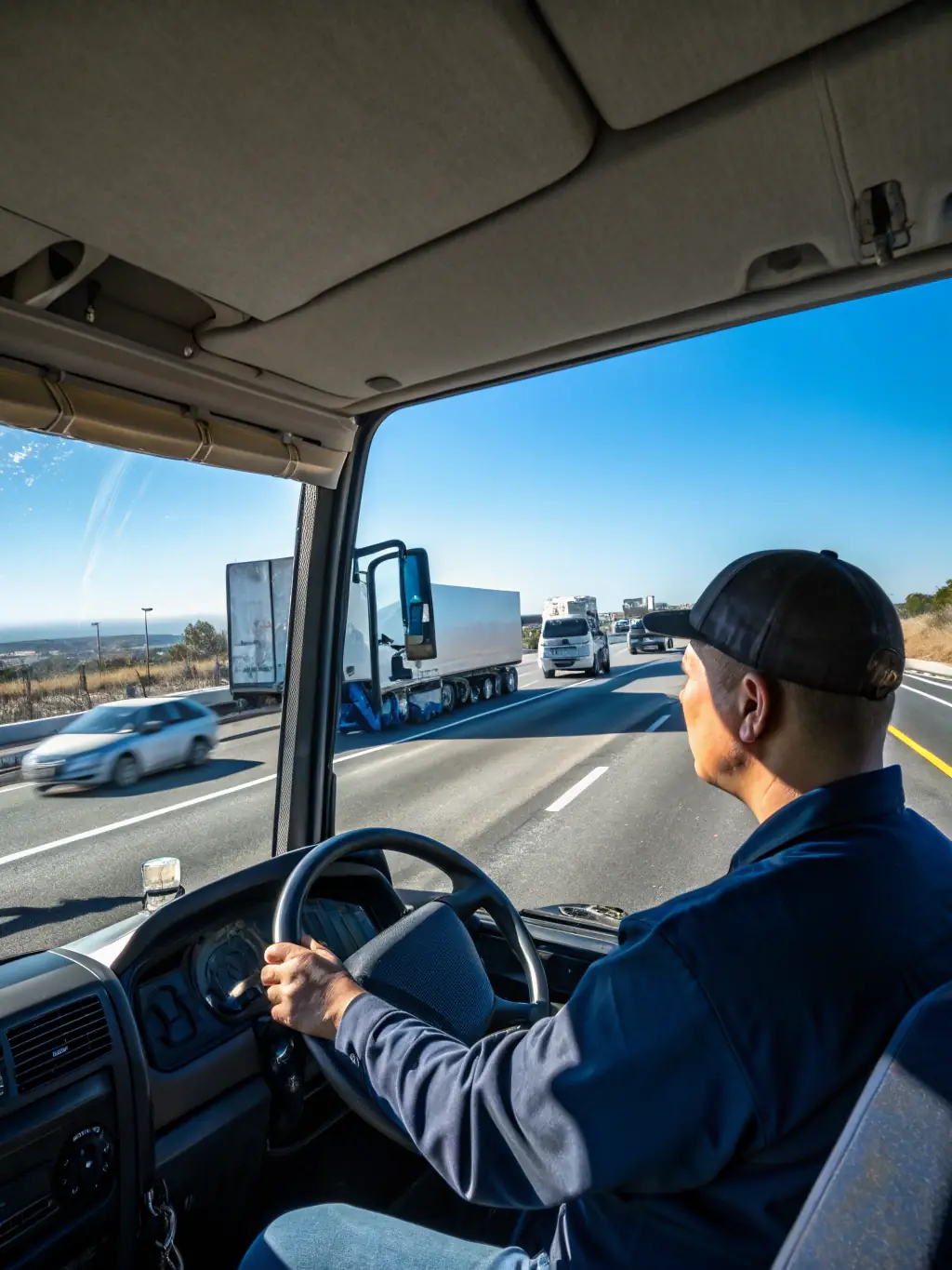 A professional truck driver confidently navigating a semi-truck on a highway, showcasing the practical skills gained from RoadMaster Academy's training.